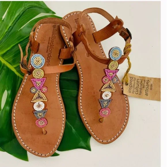 Anthropologie Laidback London hand crafted Artisan beaded T-strap sandals 38 - Picture 1 of 11